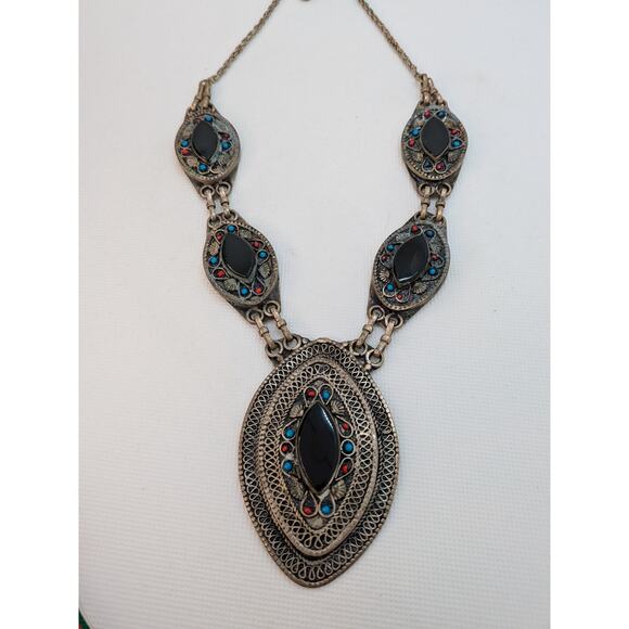 Afghan Indian Handmade Tribal Boho Vintage Necklace with Black Onyx Blue & Red - Picture 3 of 7
